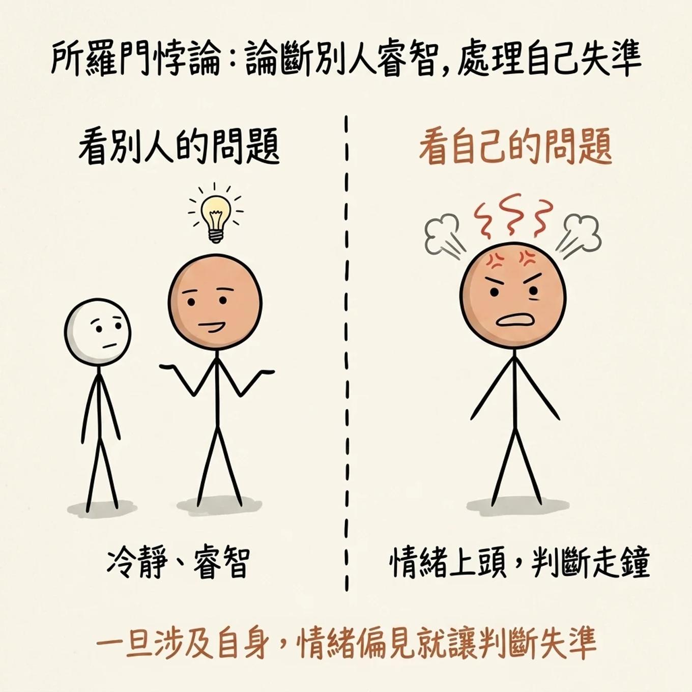 所羅門悖論論斷別人睿智處理自己失準：看別人的問題冷靜睿智，看自己的問題情緒上頭判斷走鐘，一旦涉及自身情緒偏見就讓判斷失準
