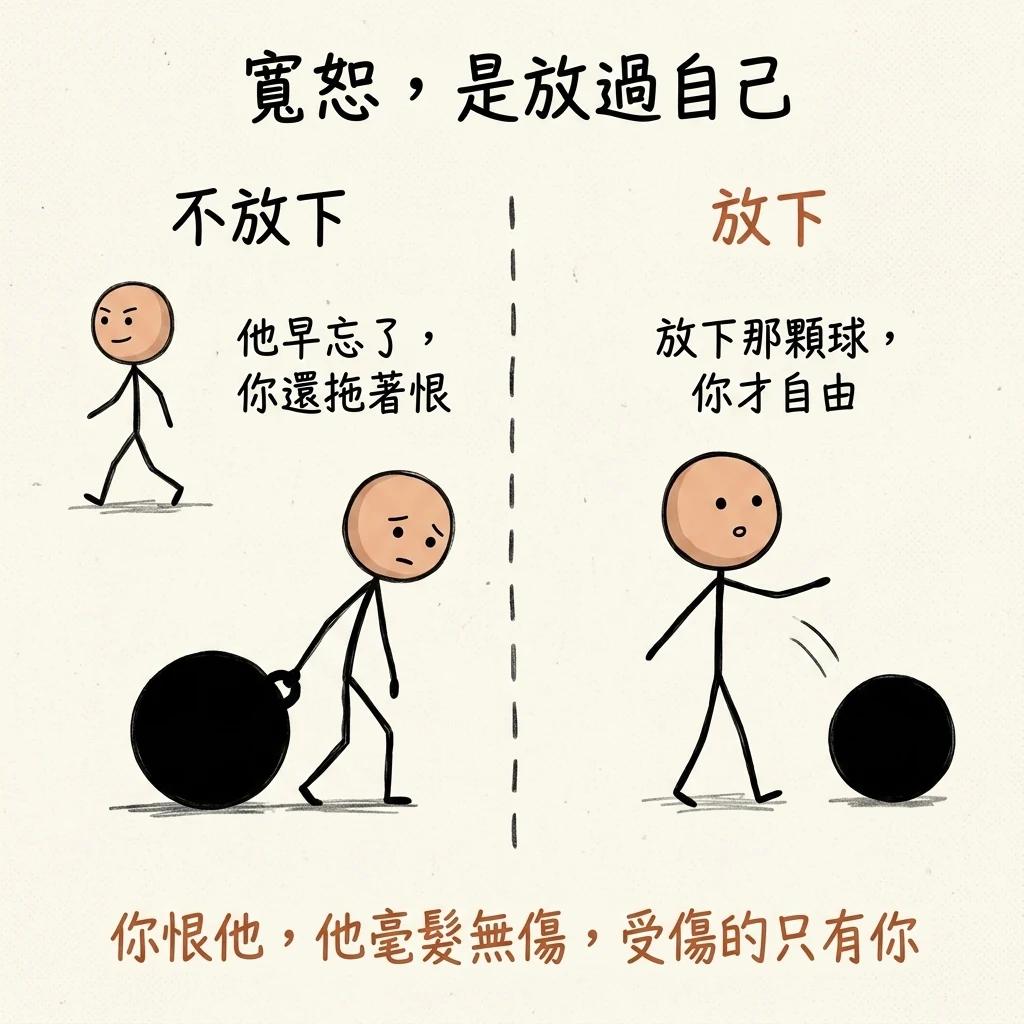 寬恕是放過自己:不放下時他早忘了你還拖著恨像拖著大鐵球,放下那顆球你才自由,你恨他他毫髮無傷受傷的只有你