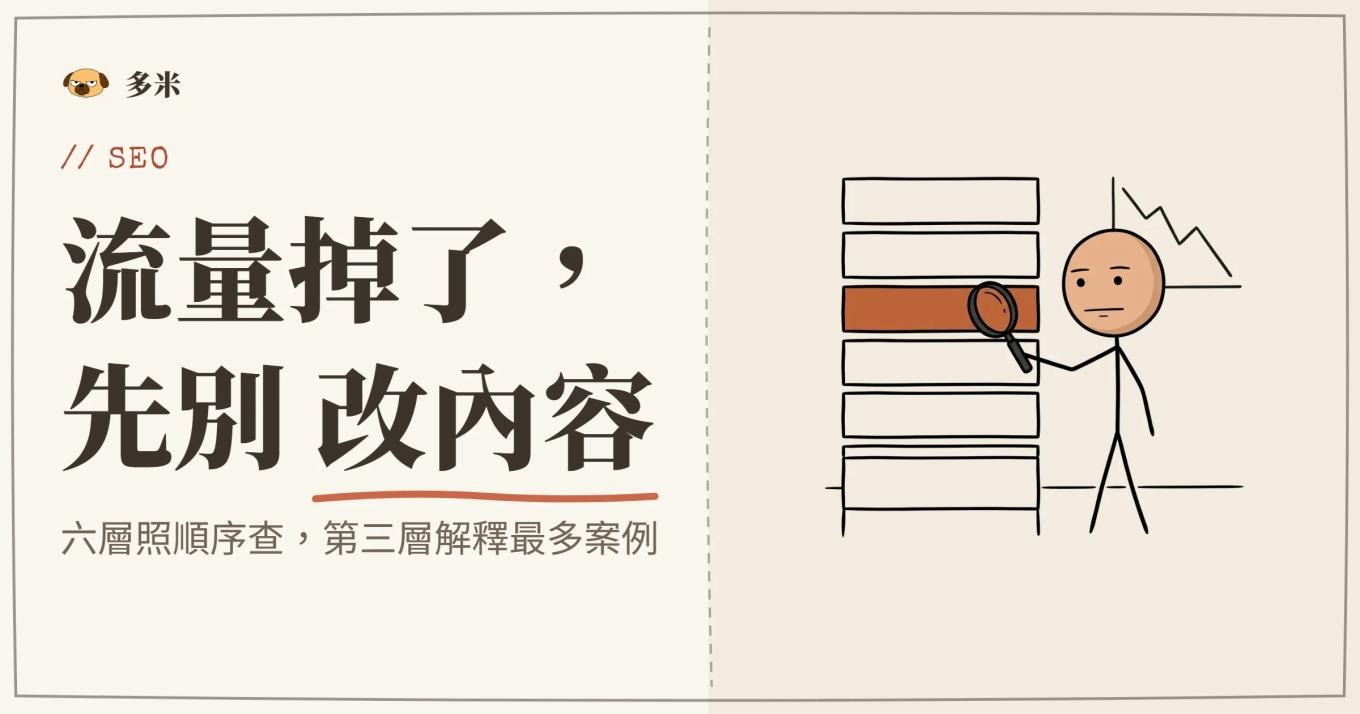 封面，火柴人拿放大鏡沿著六階梯子由上往下逐層檢查，背後是下滑的流量折線