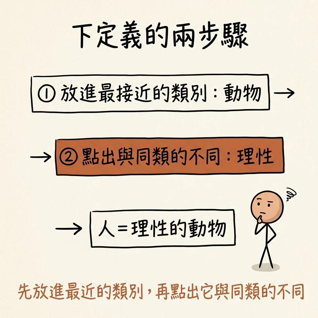 下定義的兩步驟:先放進最接近的類別動物,再點出與同類的不同理性,得到人等於理性的動物,先放進最近的類別再點出它與同類的不同