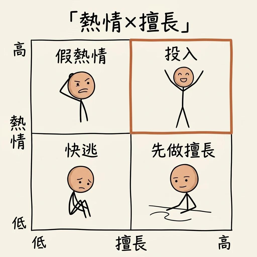 熱情×擅長 2x2 四象限:擅長又有熱情就投入,沒熱情但擅長先做擅長,假熱情與快逃象限要避開