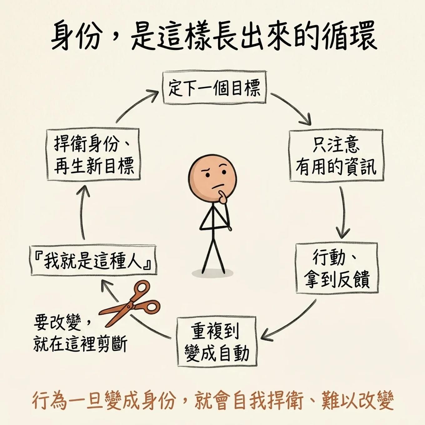 身份認同的循環：定目標、只注意有用資訊、行動拿反饋、重複到變自動、我就是這種人、捍衛身份再生新目標，要改變就在行為變身份這一步剪斷