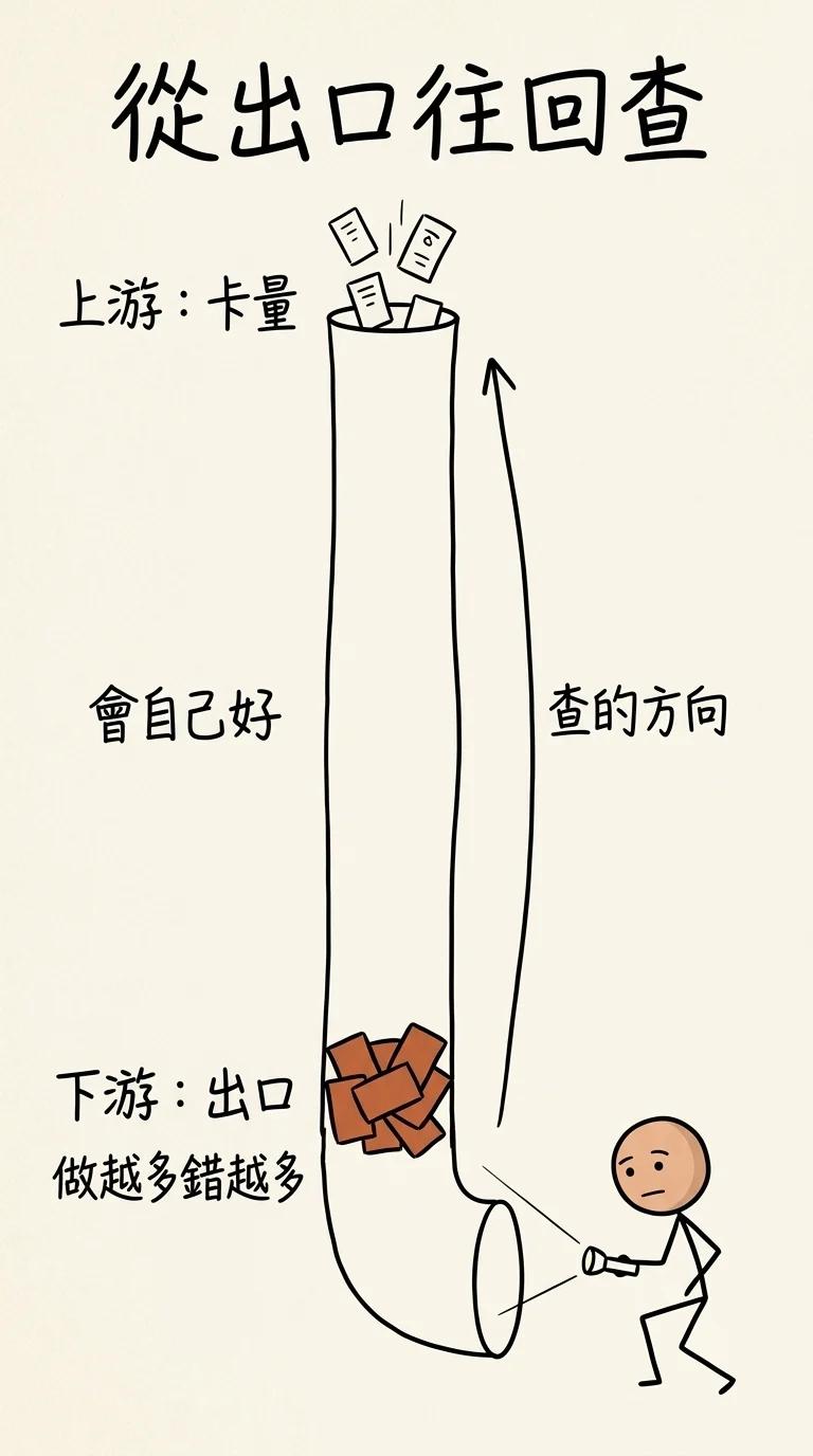 從出口往回查:上游的卡量問題會自己好,下游的出口堵住卻是做越多錯越多,所以檢查方向要從出口往回推