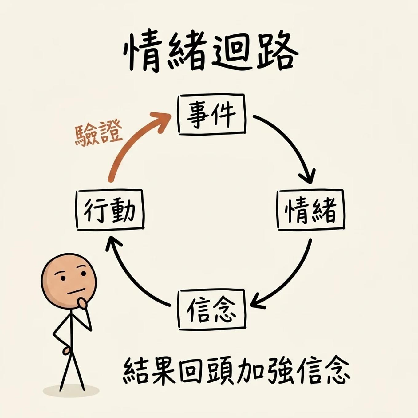 情緒自我實現迴路：事件引發情緒、情緒形成信念、信念驅動行動，結果又回頭驗證並加強原本的信念