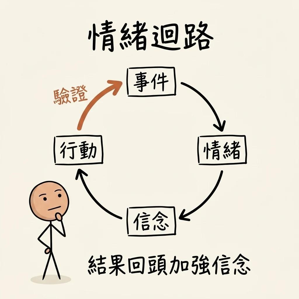 情緒自我實現迴路:事件引發情緒、情緒形成信念、信念驅動行動,結果又回頭驗證並加強原本的信念