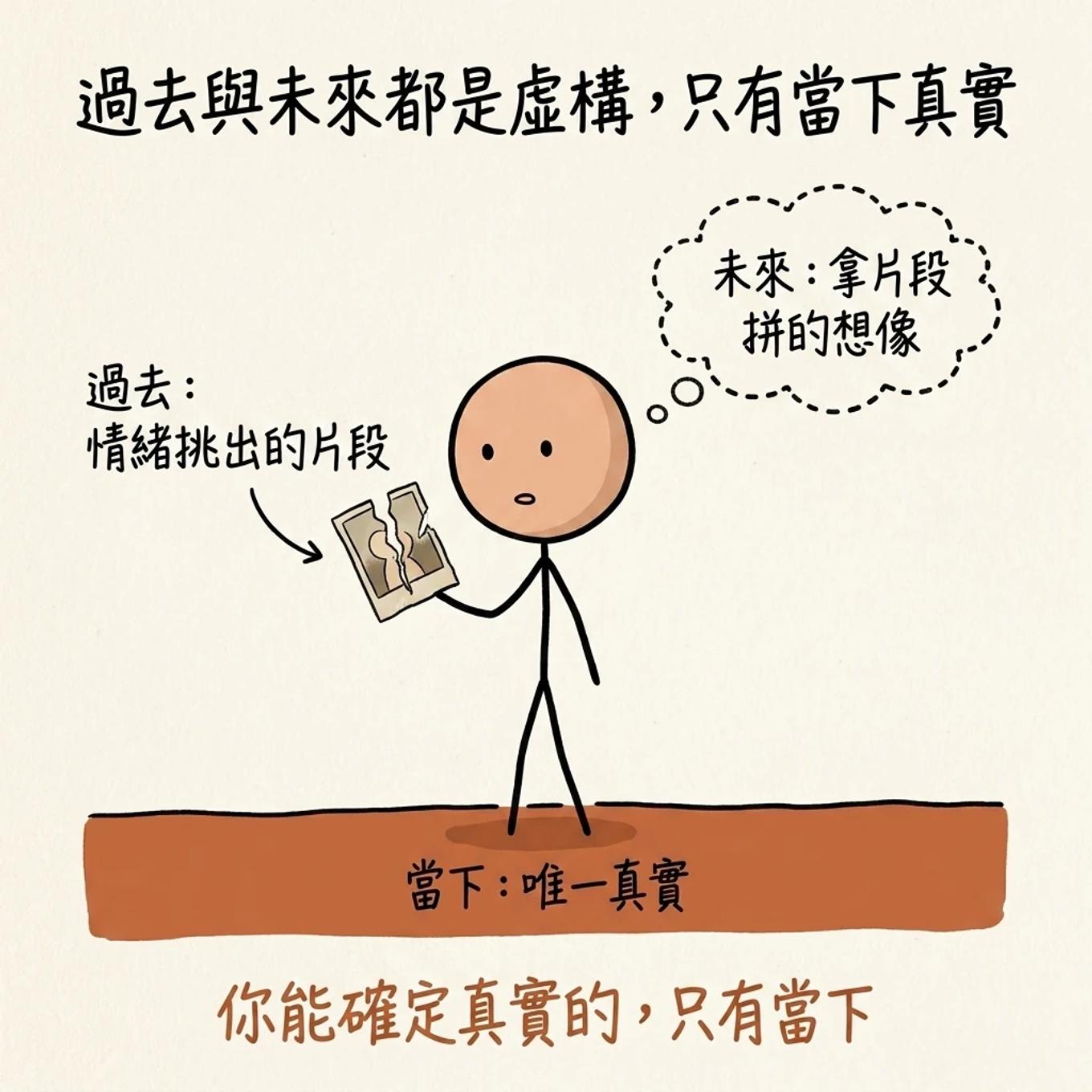過去與未來都是虛構只有當下真實：過去是情緒挑出的片段、未來是拿片段拼的想像、當下才是唯一真實，你能確定真實的只有當下
