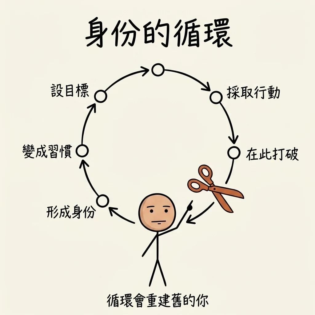 身份的循環:設目標→採取行動→變成習慣→形成身份不斷閉環重建舊的你,要在某處用剪刀打破