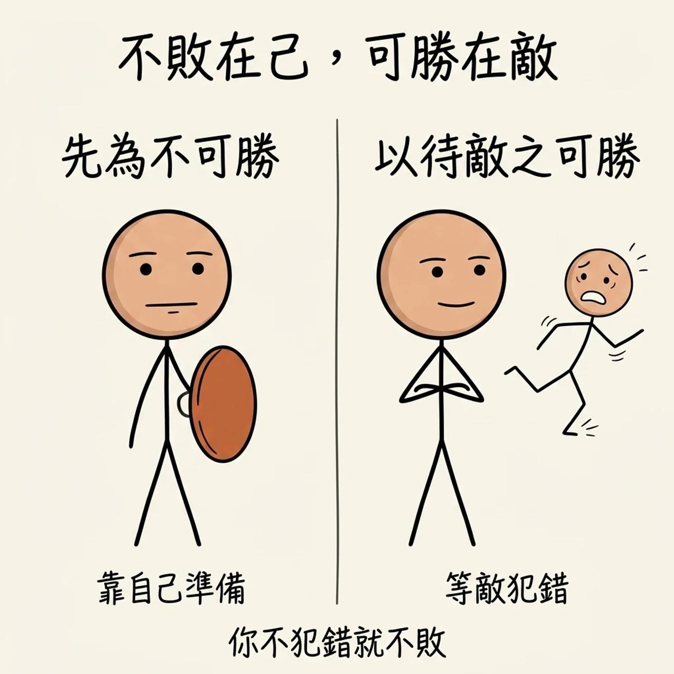 不敗在己、可勝在敵：左邊靠自己準備先立於不敗，右邊只能等對手犯錯才能取勝