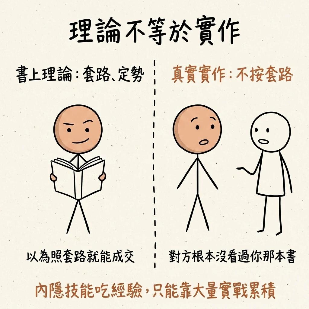 理論不等於實作:書上理論是套路定勢以為照套路就能成交,真實實作不按套路對方根本沒看過你那本書,內隱技能吃經驗只能靠大量實戰累積