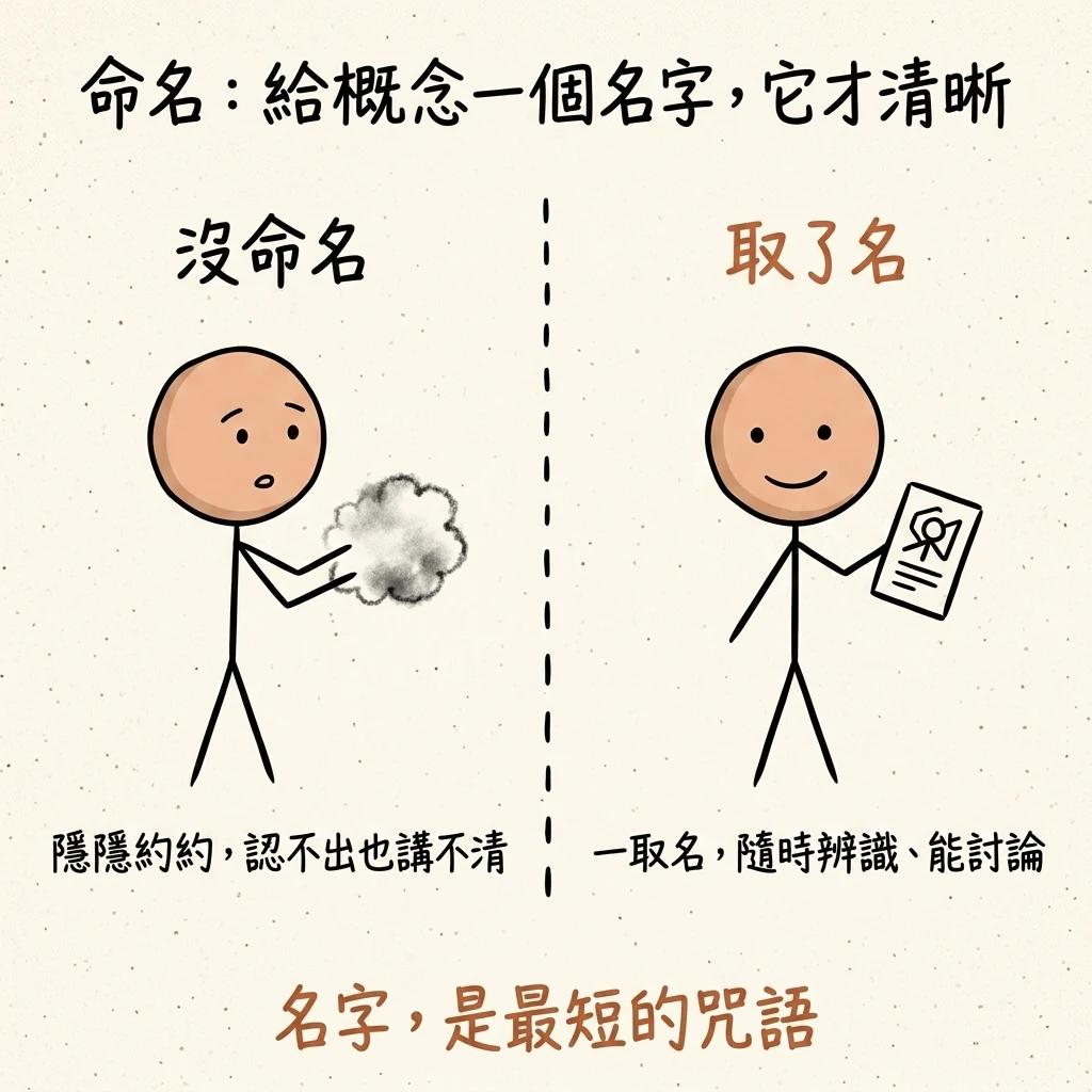 命名給概念一個名字它才清晰:沒命名時隱隱約約認不出也講不清像一團雲,取了名隨時辨識能討論變成清晰的卡片,名字是最短的咒語