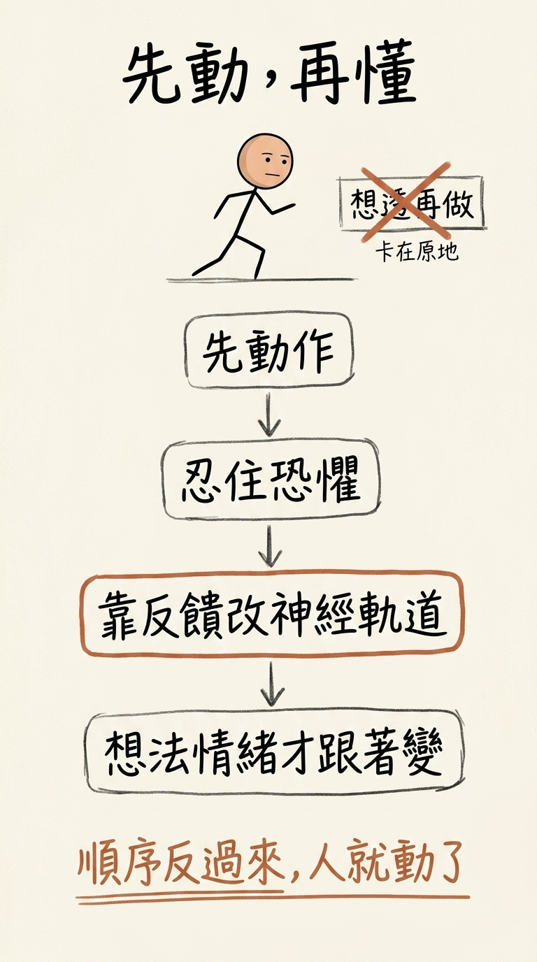 先動再懂的迴路:與其想透再做卡在原地,不如先動作、忍住恐懼、靠反饋改神經軌道,想法情緒才跟著變