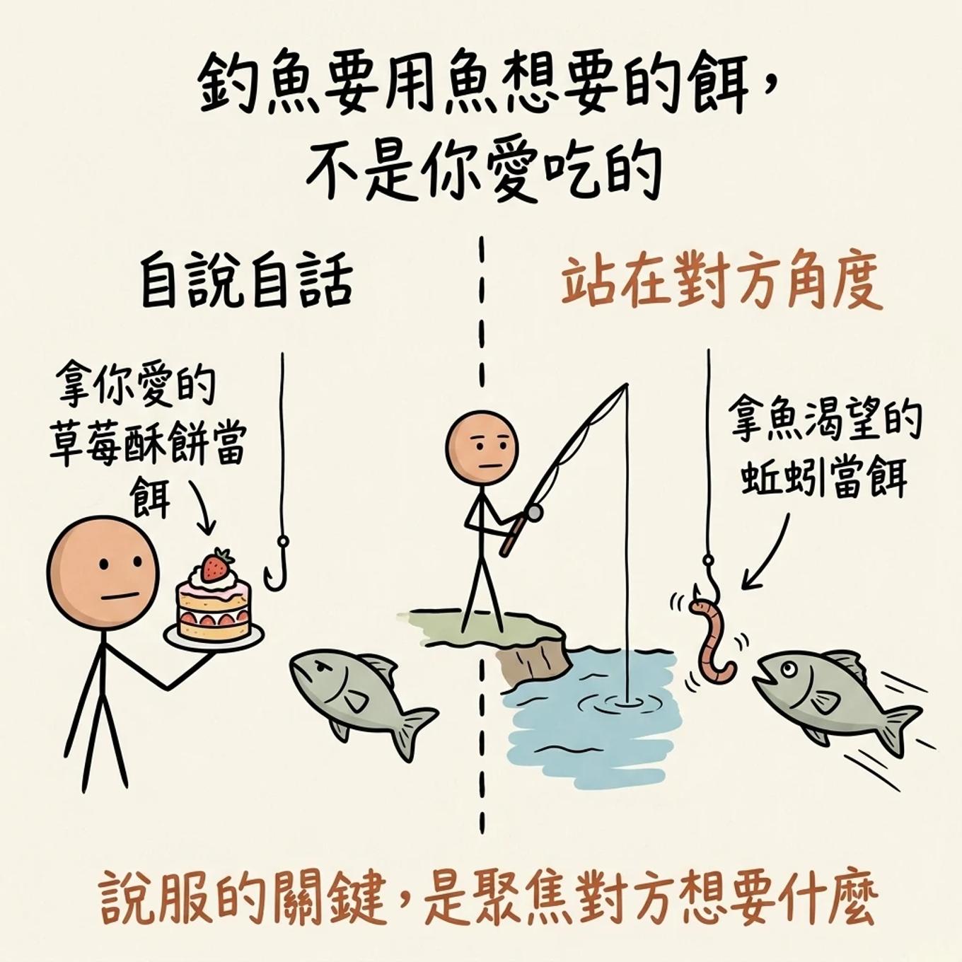 釣魚比喻對比：自說自話拿你愛的草莓酥餅當餌魚不理，站在對方角度拿魚渴望的蚯蚓當餌魚搶著上鉤，說服的關鍵是聚焦對方想要什麼