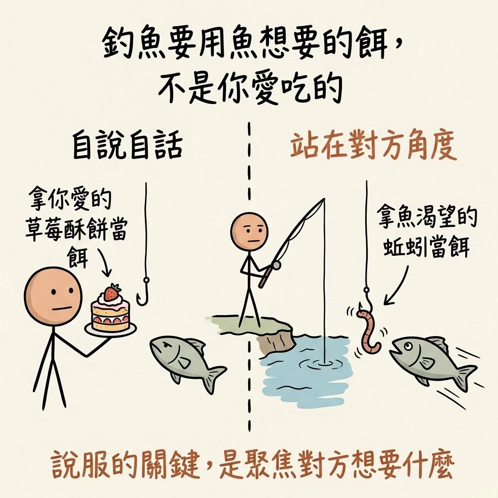 釣魚比喻對比:自說自話拿你愛的草莓酥餅當餌魚不理,站在對方角度拿魚渴望的蚯蚓當餌魚搶著上鉤,說服的關鍵是聚焦對方想要什麼