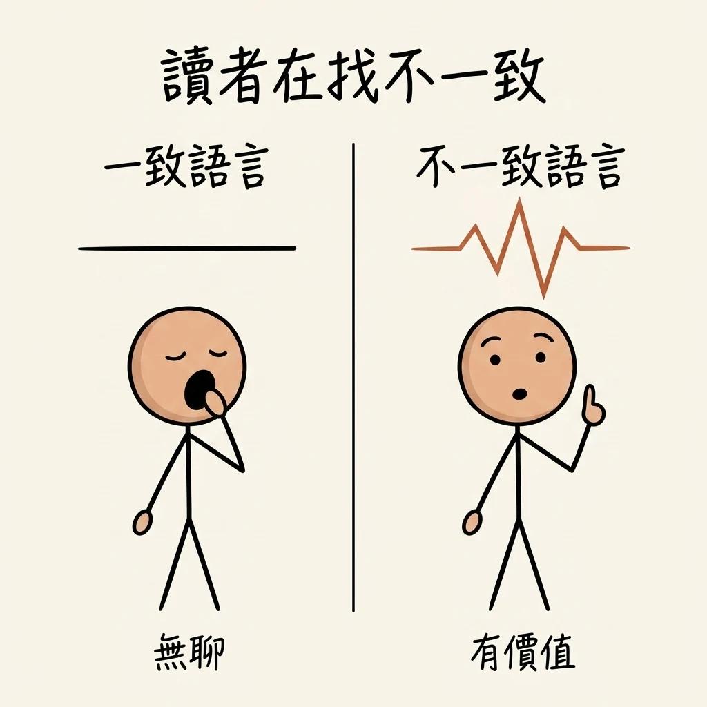 讀者在找不一致:一致語言像一條平線讓人無聊;不一致語言像一道突起的尖波,才讓讀者覺得有價值