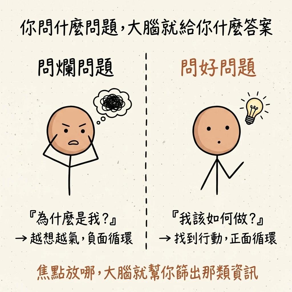 你問什麼問題大腦就給你什麼答案:問爛問題為什麼是我越想越氣陷入負面循環,問好問題我該如何做找到行動進入正面循環,焦點放哪大腦就幫你篩出那類資訊