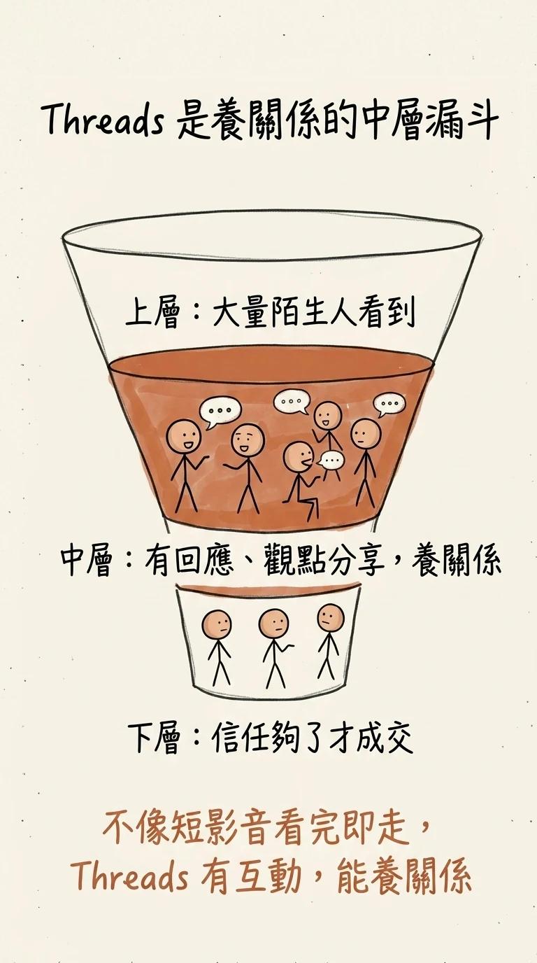 Threads 是養關係的中層漏斗:上層大量陌生人看到中層有回應觀點分享養關係下層信任夠了才成交,不像短影音看完即走 Threads 有互動能養關係