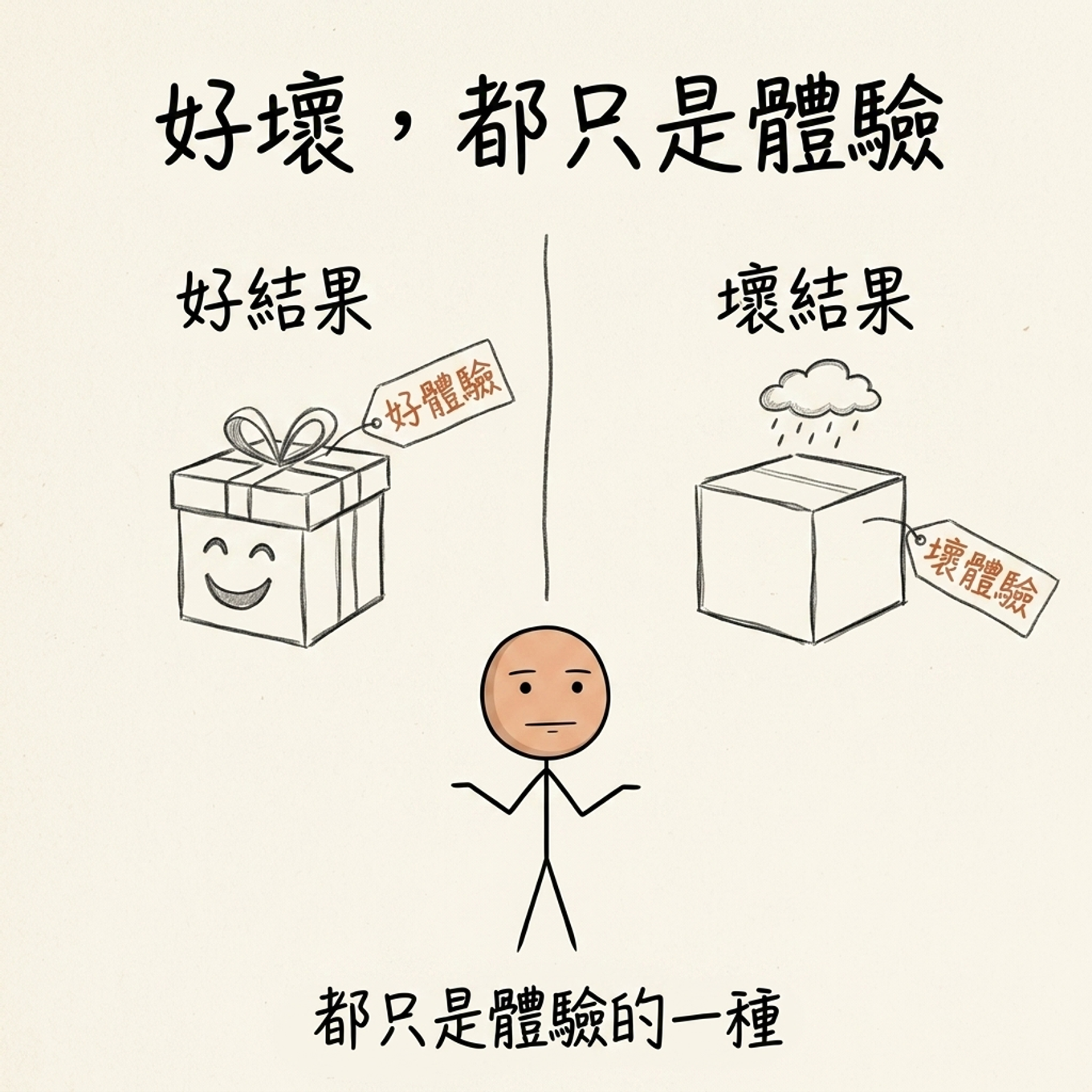 好壞都只是體驗：好結果是好體驗、壞結果是壞體驗，火柴人平靜地兩邊都一樣看待——都只是體驗的一種