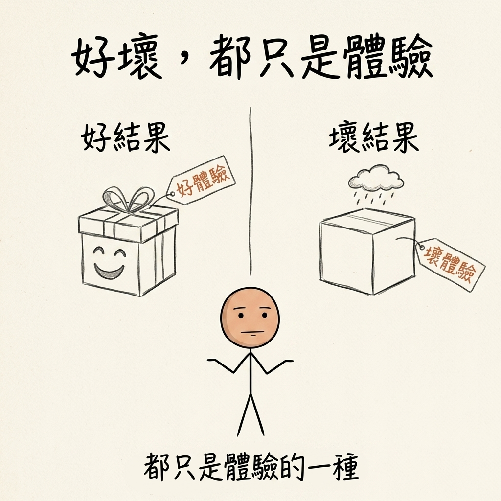 好壞都只是體驗:好結果是好體驗、壞結果是壞體驗,火柴人平靜地兩邊都一樣看待——都只是體驗的一種