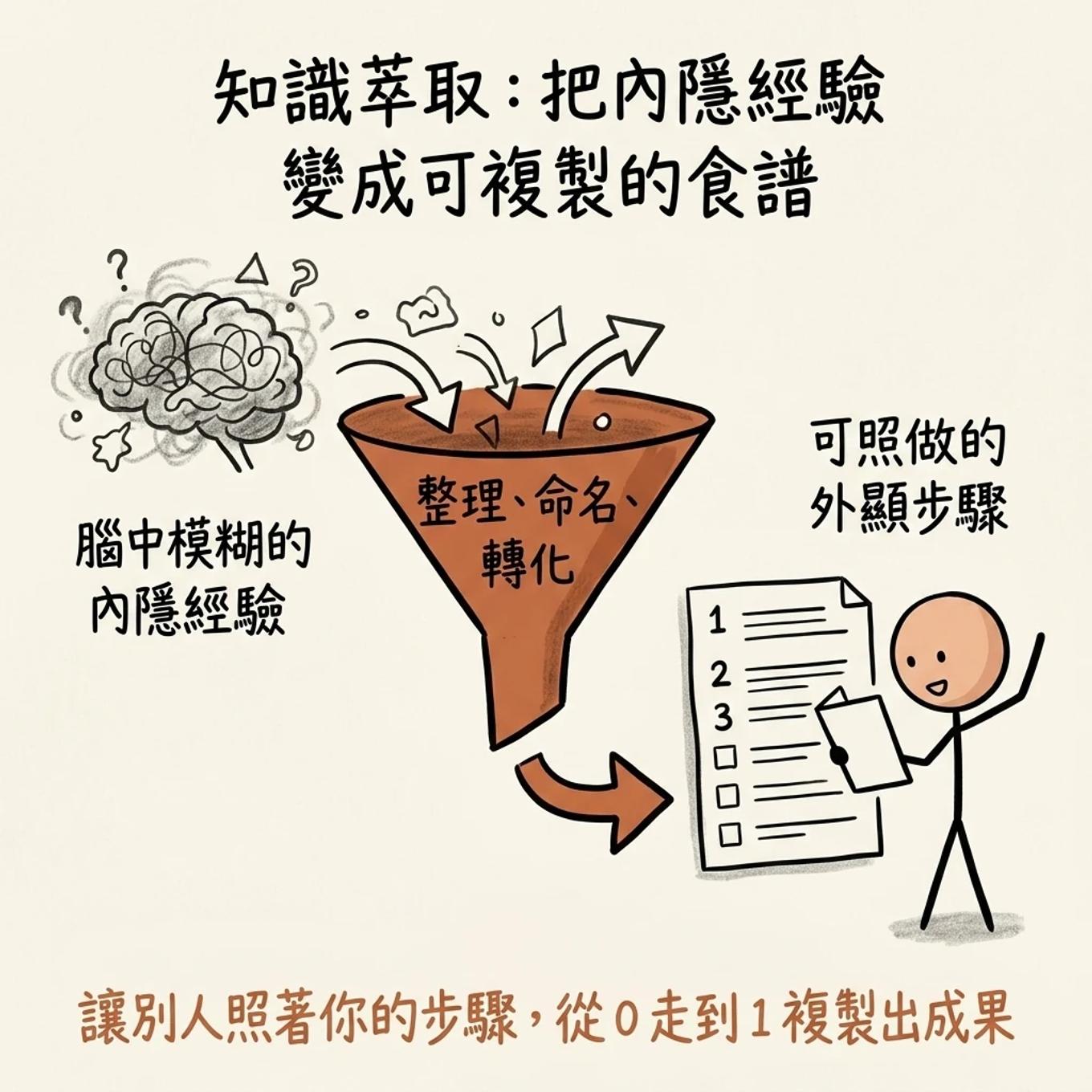 知識萃取把內隱經驗變成可複製的食譜：腦中模糊的內隱經驗經過整理命名轉化的漏斗，變成可照做的外顯步驟，讓別人照著你的步驟從零走到一複製出成果