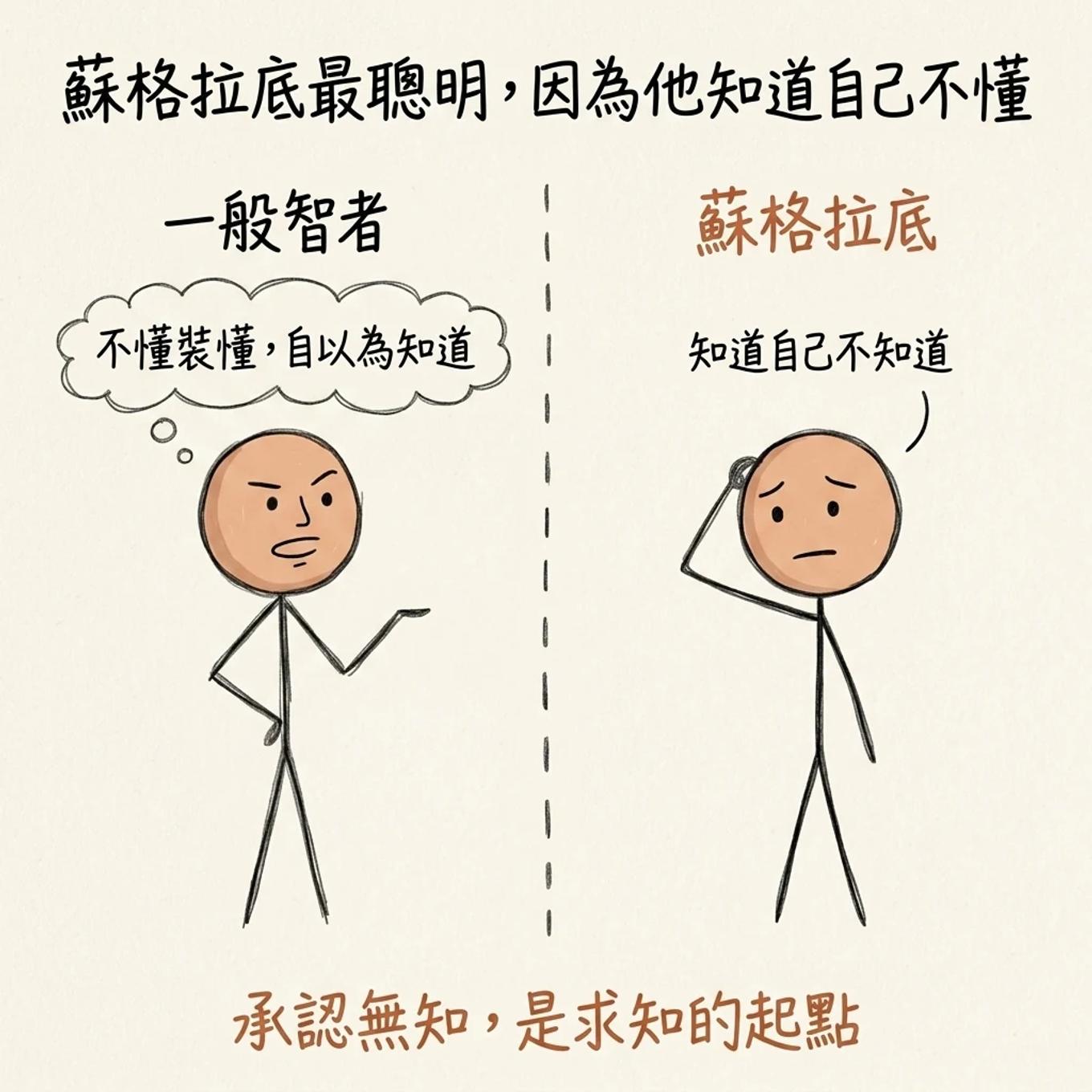 蘇格拉底最聰明因為他知道自己不懂：一般智者不懂裝懂自以為知道，蘇格拉底知道自己不知道，承認無知是求知的起點