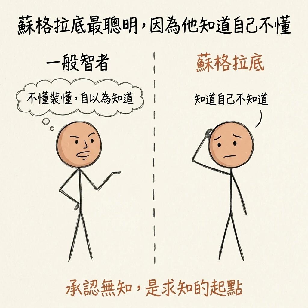 蘇格拉底最聰明因為他知道自己不懂:一般智者不懂裝懂自以為知道,蘇格拉底知道自己不知道,承認無知是求知的起點