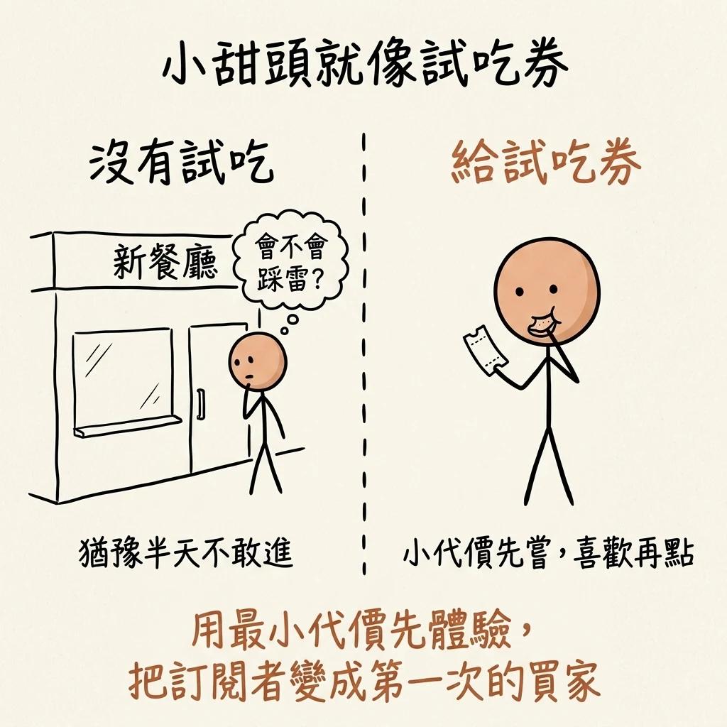 小甜頭就像試吃券:用小價錢先體驗一小部分,降低初次購買的猶豫,把訂閱者轉成顧客
