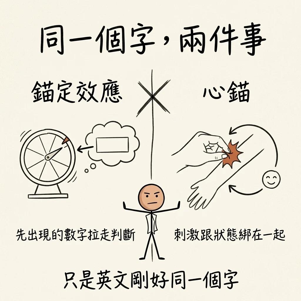 同一個字兩件事:錨定效應是先出現的數字把判斷拉走,心錨是刺激跟狀態綁在一起,兩邊沒有關係,只是英文剛好同一個字