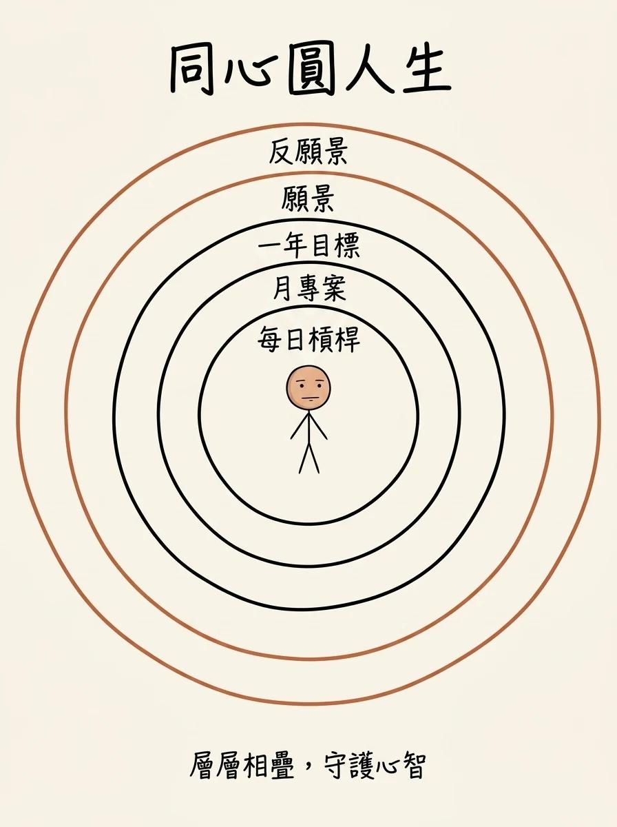 把人生變成電玩的六要素像同心圓層層相疊:每日槓桿、月專案、一年目標、願景、反願景守護心智