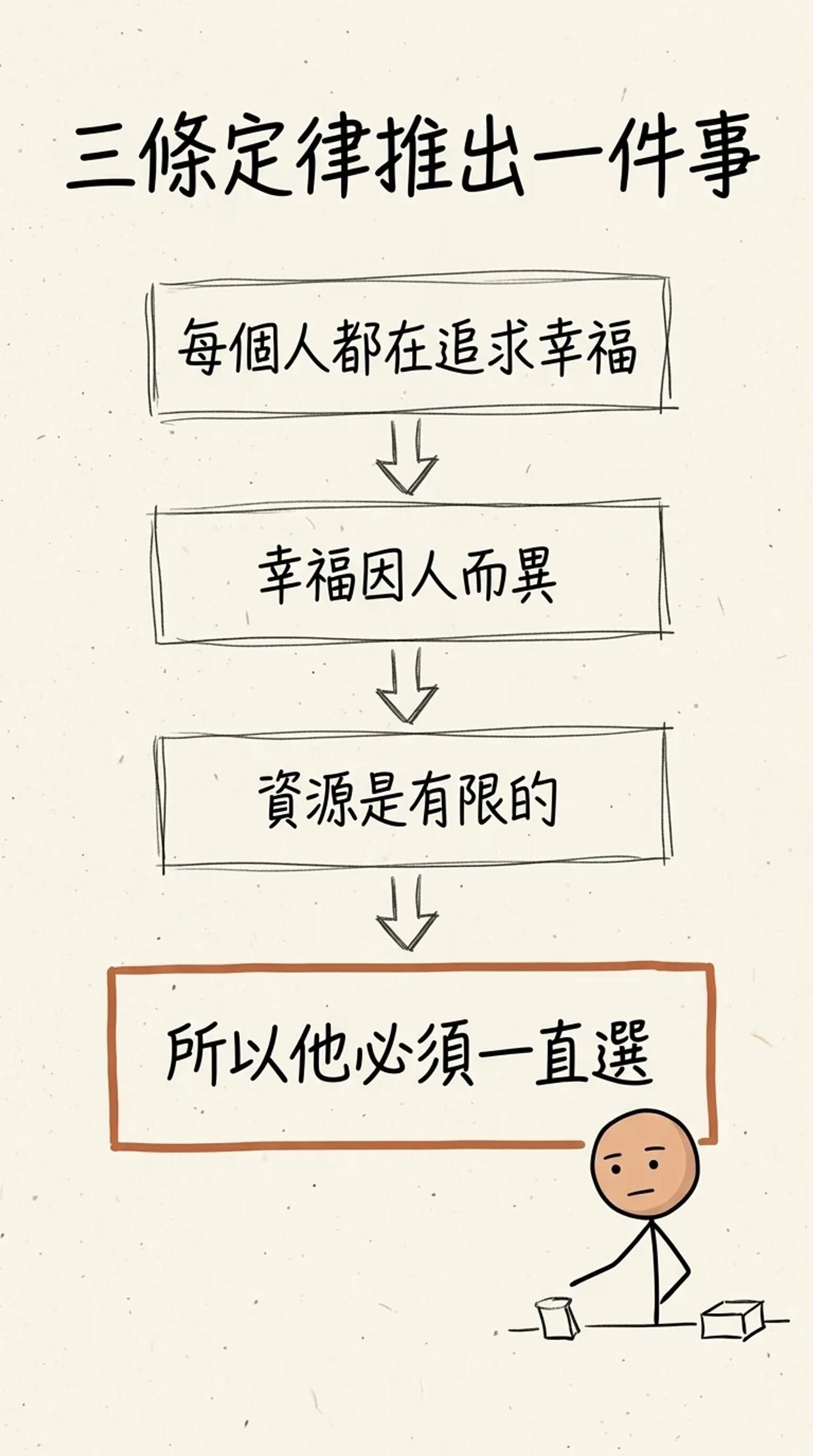 三條定律推出一件事：每個人都在追求幸福、幸福因人而異、資源是有限的，所以他必須一直在替代方案裡選