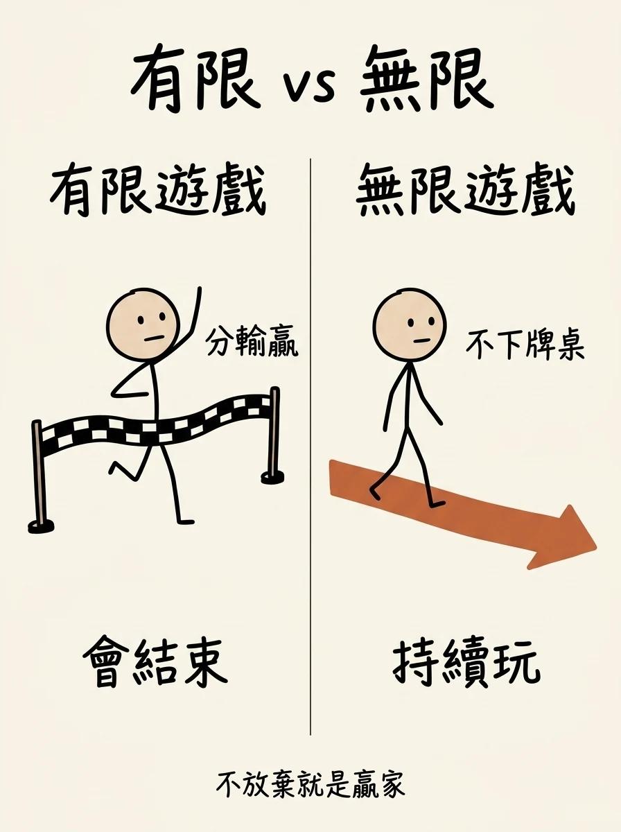 有限遊戲 vs 無限遊戲:有限遊戲分輸贏、會結束;無限遊戲不下牌桌、持續玩,不放棄就是贏家