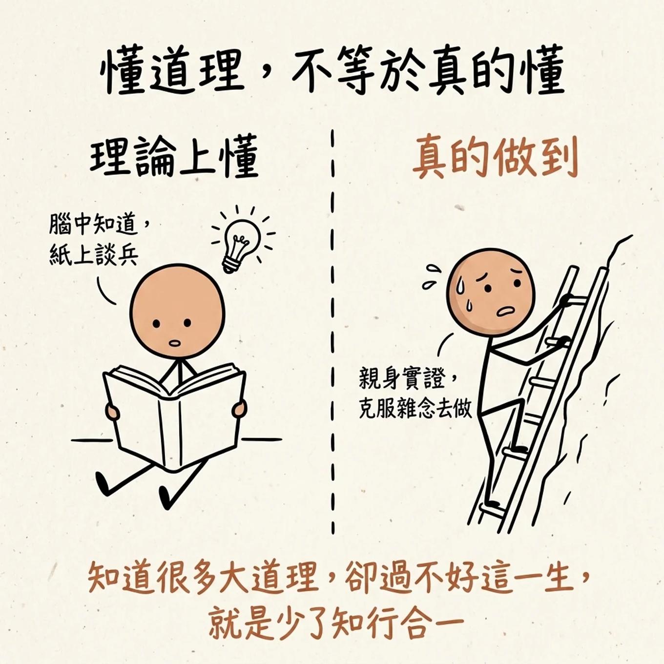 懂道理不等於真的懂對比：理論上懂只是腦中知道紙上談兵，真的做到是親身實證克服雜念去做，知道很多大道理卻過不好這一生就是少了知行合一