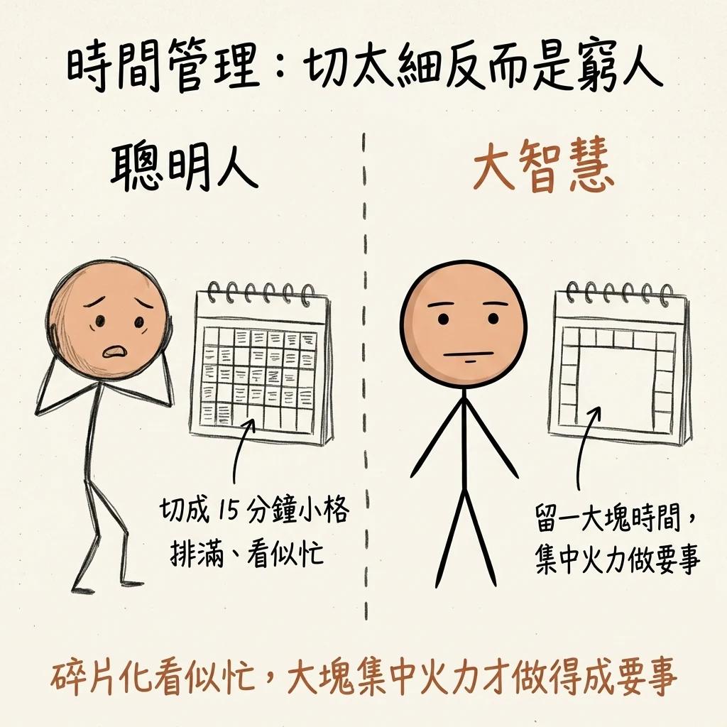 時間管理切太細反而是窮人:聰明人把行事曆切成十五分鐘小格排滿看似忙,大智慧留一大塊時間集中火力做要事,碎片化看似忙大塊集中火力才做得成要事
