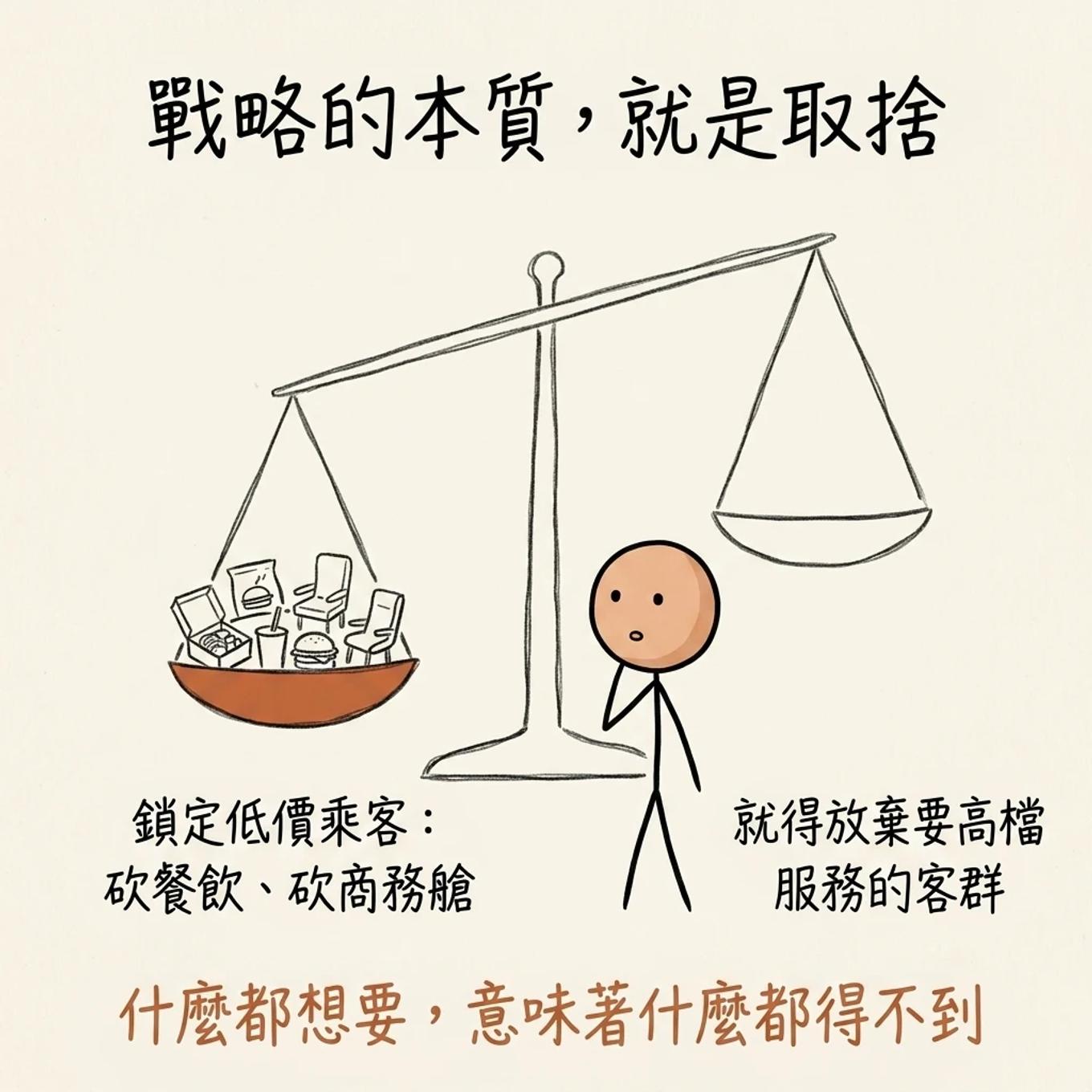 戰略的本質就是取捨的天平：鎖定低價乘客就砍餐飲砍商務艙，就得放棄要高檔服務的客群，什麼都想要意味著什麼都得不到