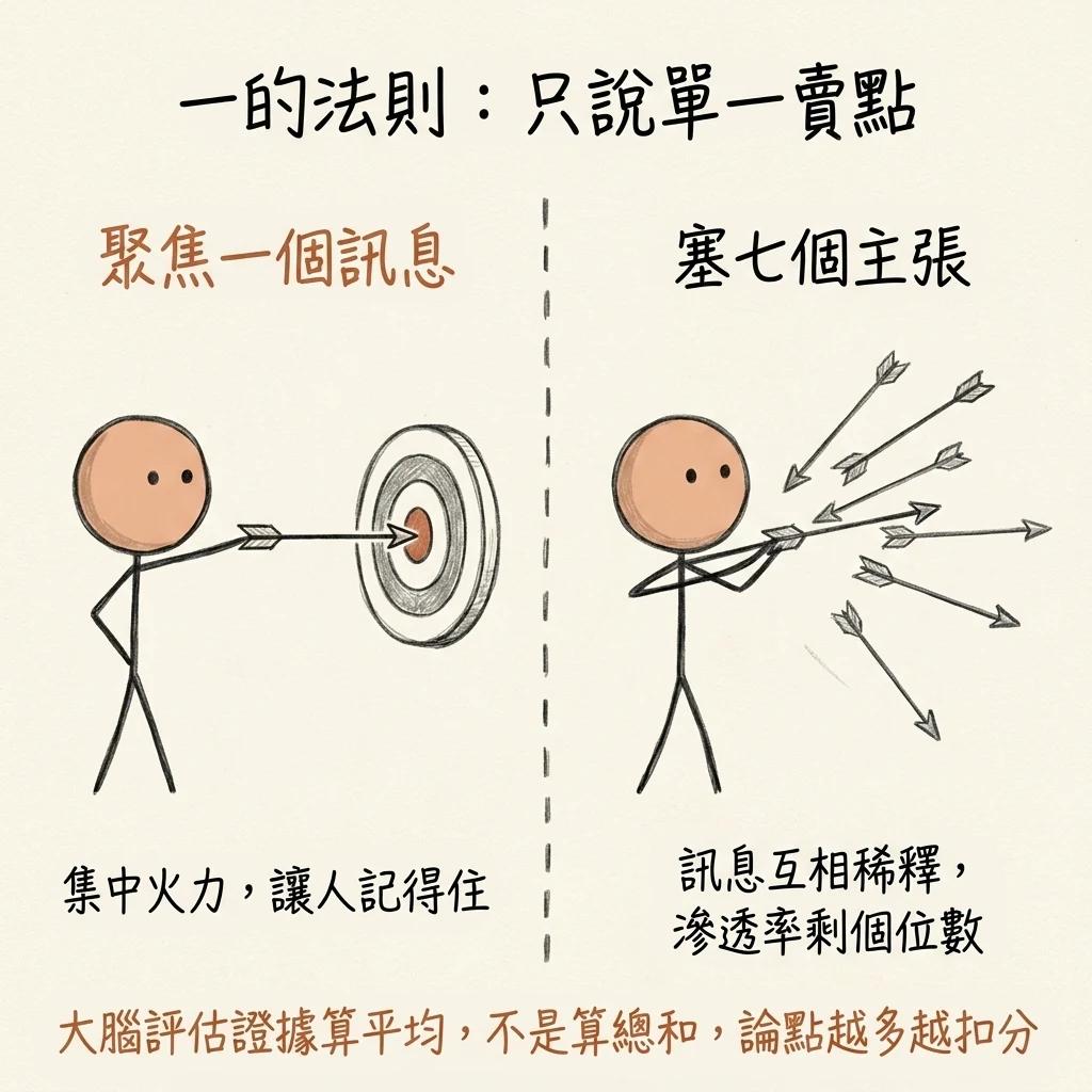 一的法則只說單一賣點:聚焦一個訊息集中火力讓人記得住,塞七個主張訊息互相稀釋滲透率剩個位數,大腦評估證據算平均不是算總和論點越多越扣分