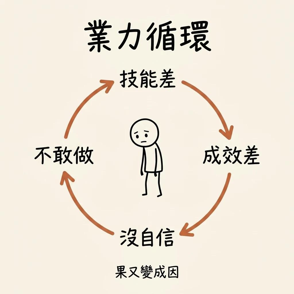 業力循環:技能差→成效差→沒自信→不敢做,果又變成因