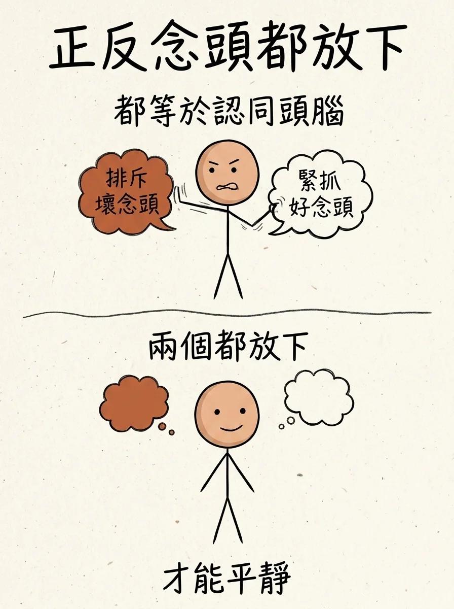 正反念頭都放下:排斥壞念頭與緊抓好念頭都等於認同頭腦,兩個都放下才能平靜