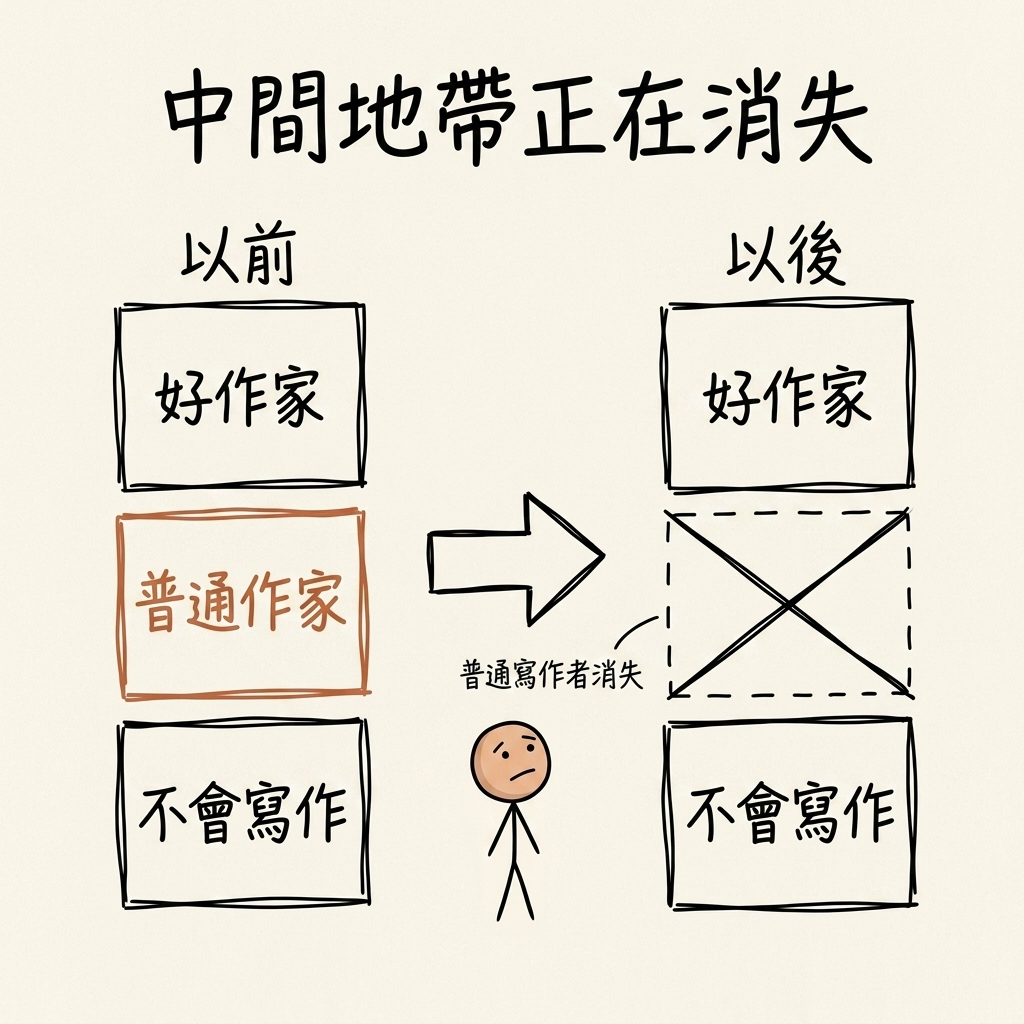 中間地帶正在消失:以前有好作家、普通作家、不會寫作三層,AI 時代後普通寫作者這個中間地帶被劃掉,只剩好作家與不會寫作兩層