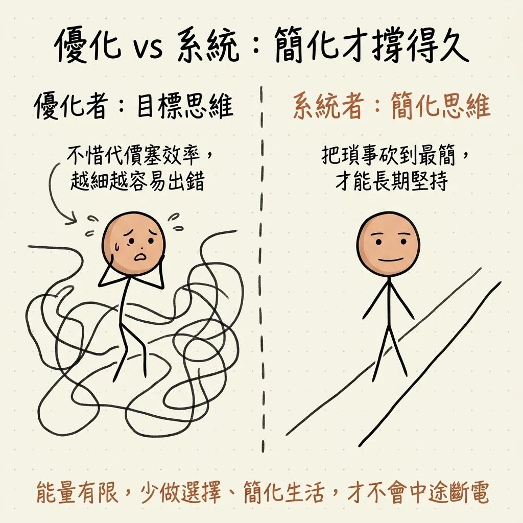 優化對比系統簡化才撐得久:優化者目標思維不惜代價塞效率越細越容易出錯,系統者簡化思維把瑣事砍到最簡才能長期堅持,能量有限少做選擇簡化生活才不會中途斷電