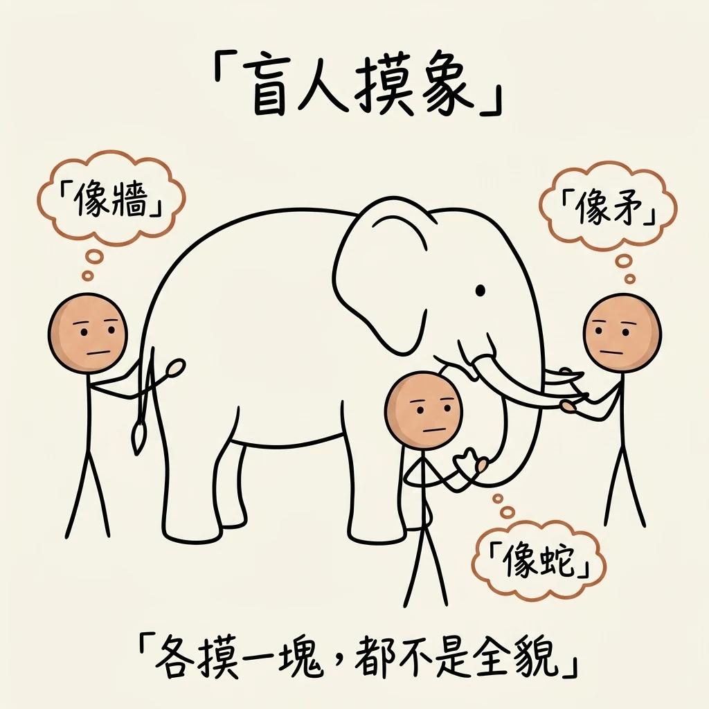盲人摸象:三個人各摸到大象不同部位,都說對一部分卻不是全貌,說明每個人的認知都有局限