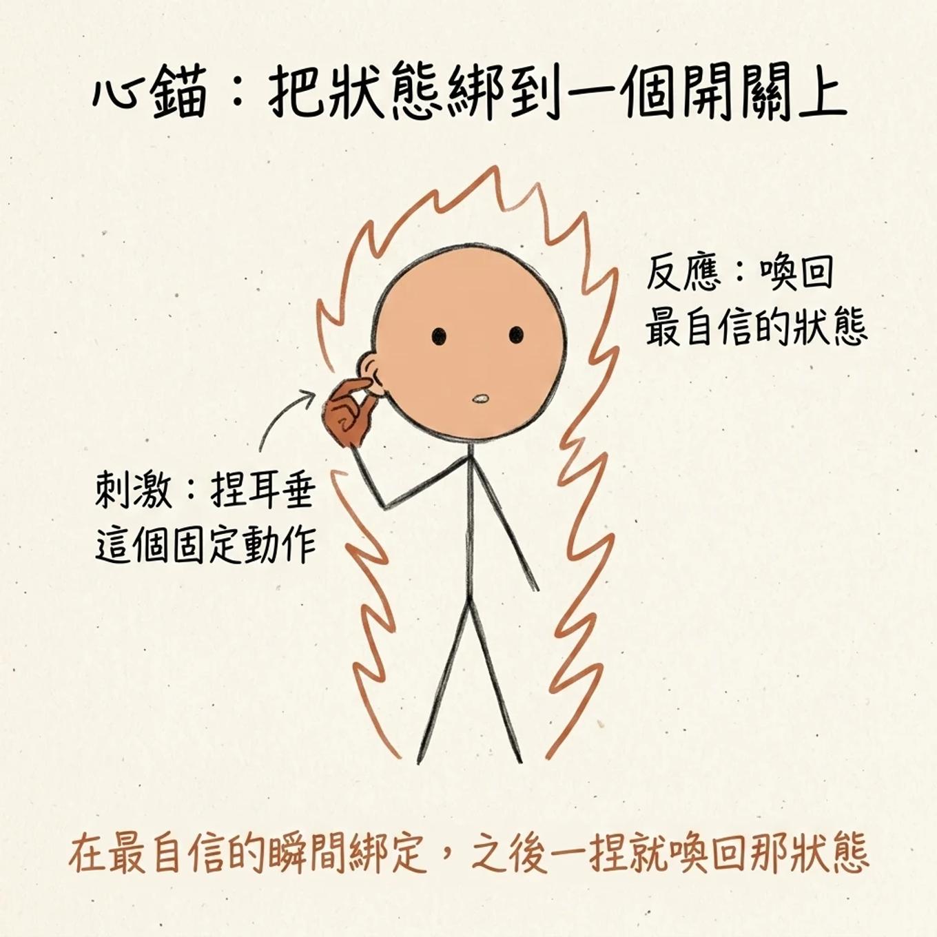 心錨把狀態綁到一個開關上：刺激是捏耳垂這個固定動作，反應是喚回最自信的狀態，在最自信的瞬間綁定之後一捏就喚回那狀態