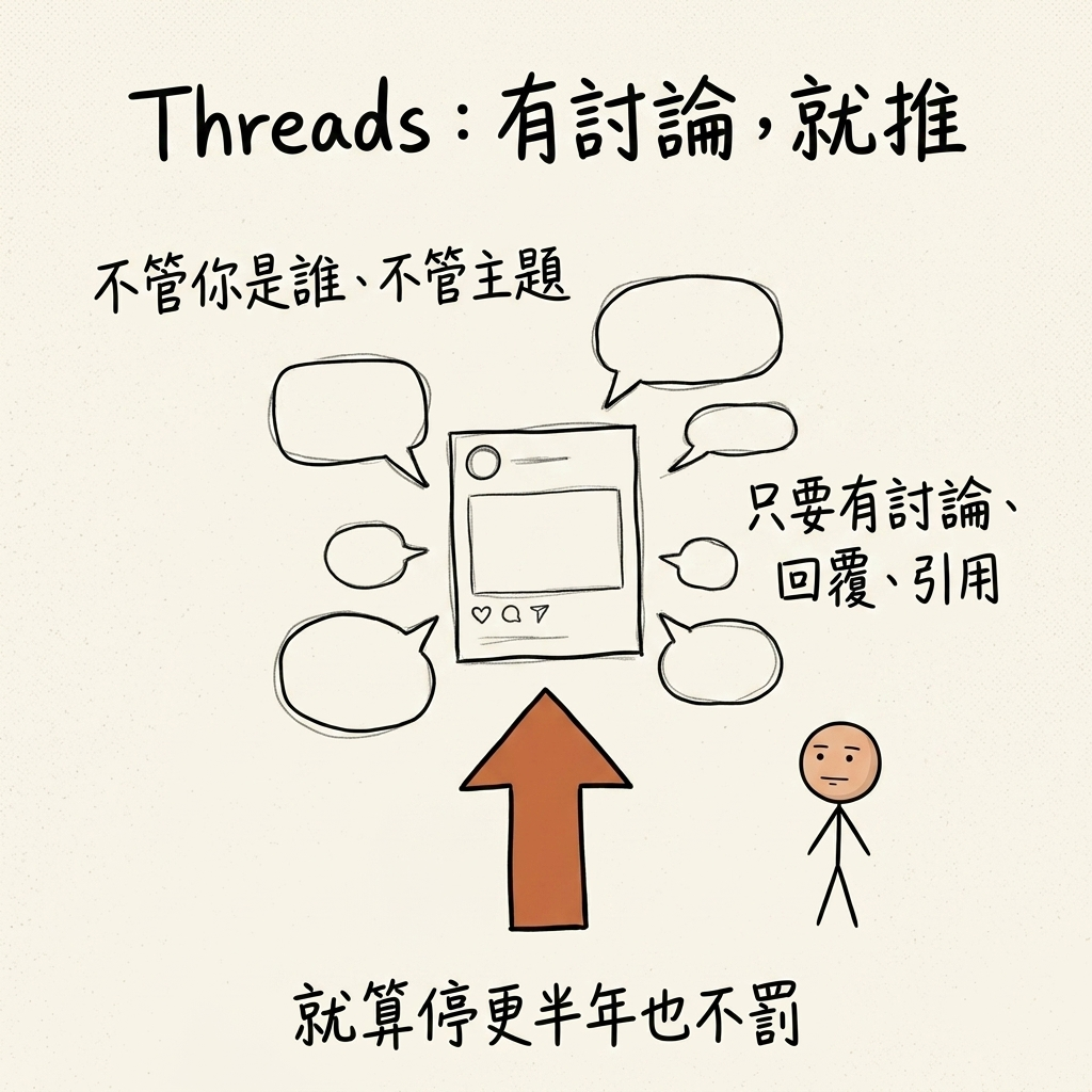 Threads 有討論就推:不管你是誰、不管主題,只要貼文有討論、回覆、引用就往上推,就算停更半年也不罰