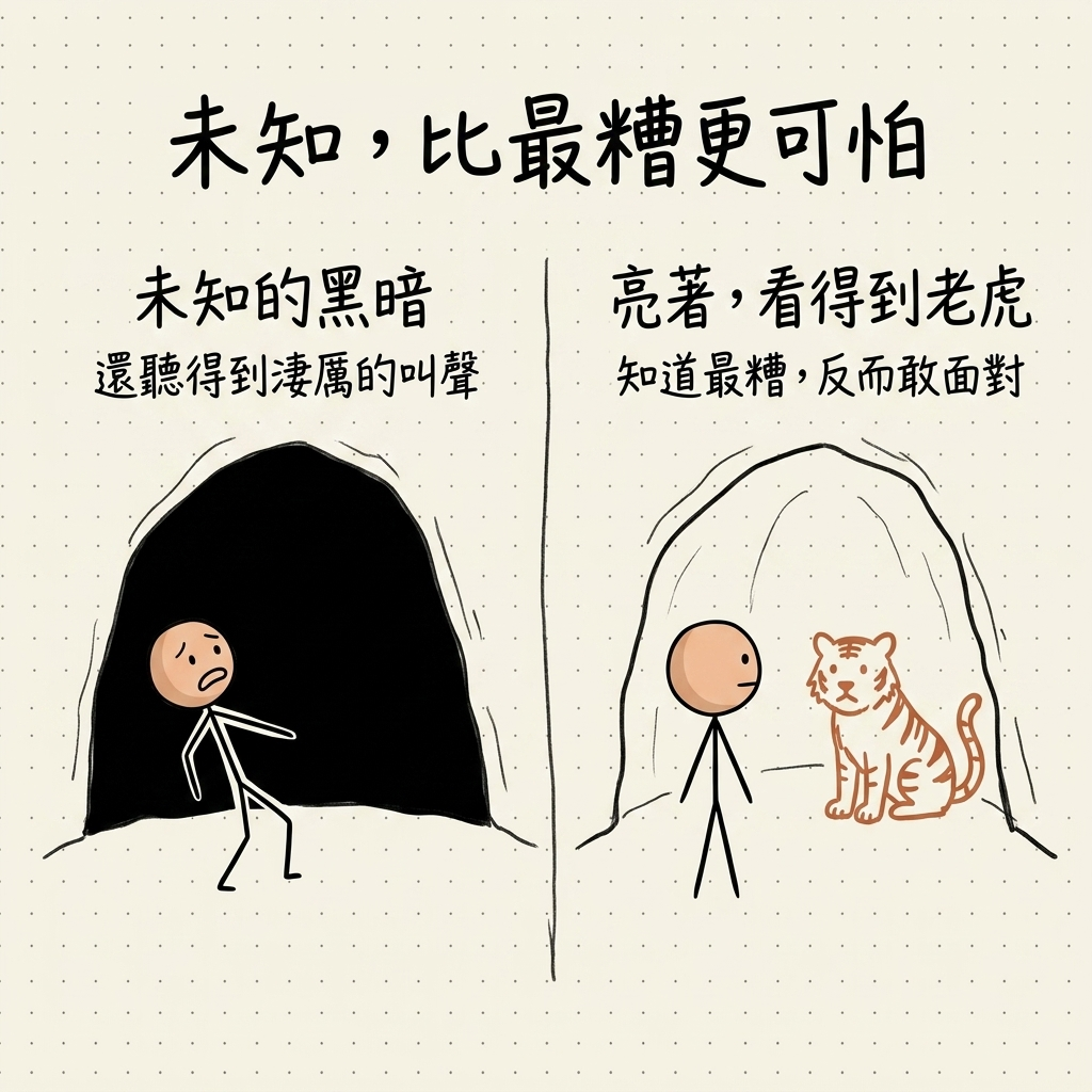 未知比最糟更可怕:左邊全黑的洞窟,火柴人嚇得後退——未知的黑暗、還聽得到淒厲叫聲;右邊亮著的洞窟看得到老虎,火柴人反而敢面對