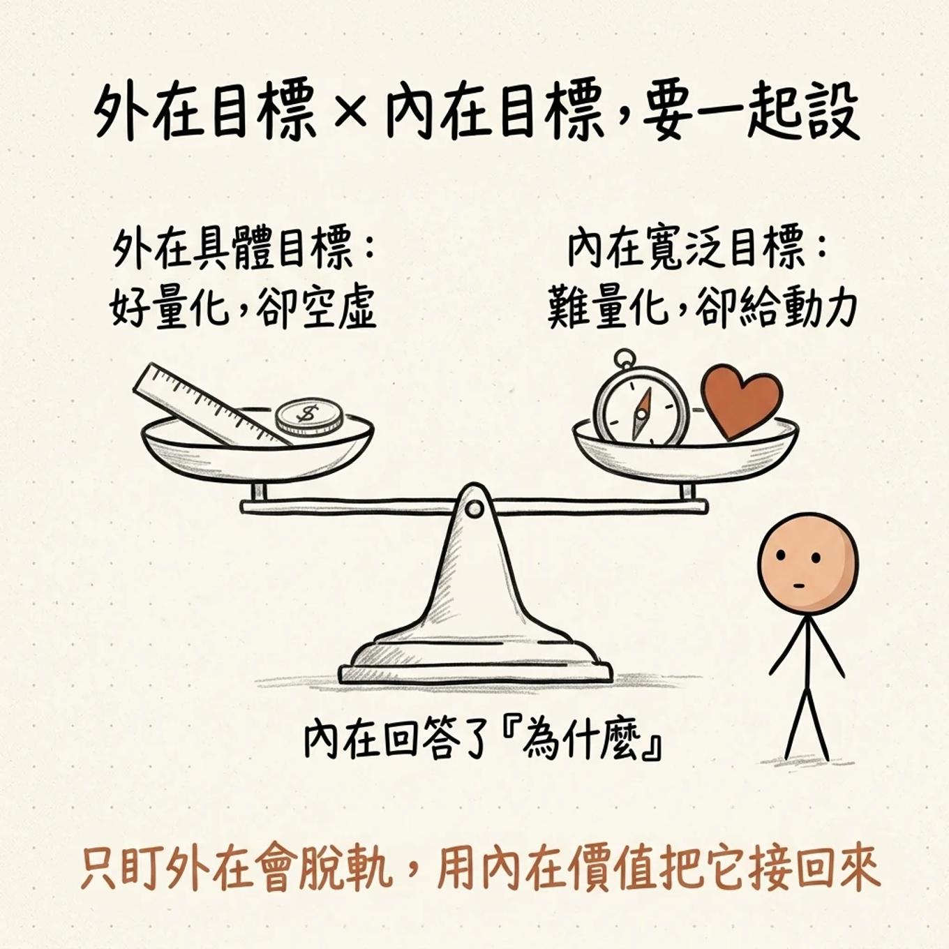 外在目標與內在目標的天平：外在具體目標好量化卻空虛，內在寬泛目標難量化卻給動力，內在回答了為什麼，只盯外在會脫軌要用內在價值接回來
