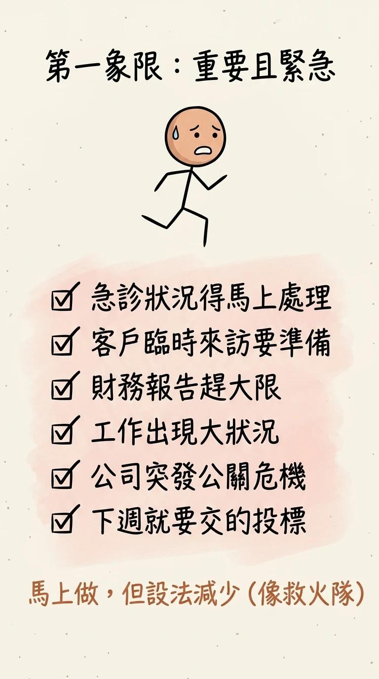 第一象限重要且緊急:急診狀況、客戶臨時來訪、財務報告大限、工作大狀況、公關危機、投標等,馬上做但設法減少