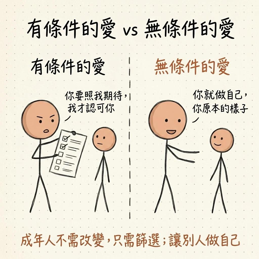 有條件的愛對比無條件的愛:有條件的愛是你要照我期待我才認可你,無條件的愛是你就做自己我接受你原本的樣子,成年人不需改變只需篩選讓別人做自己