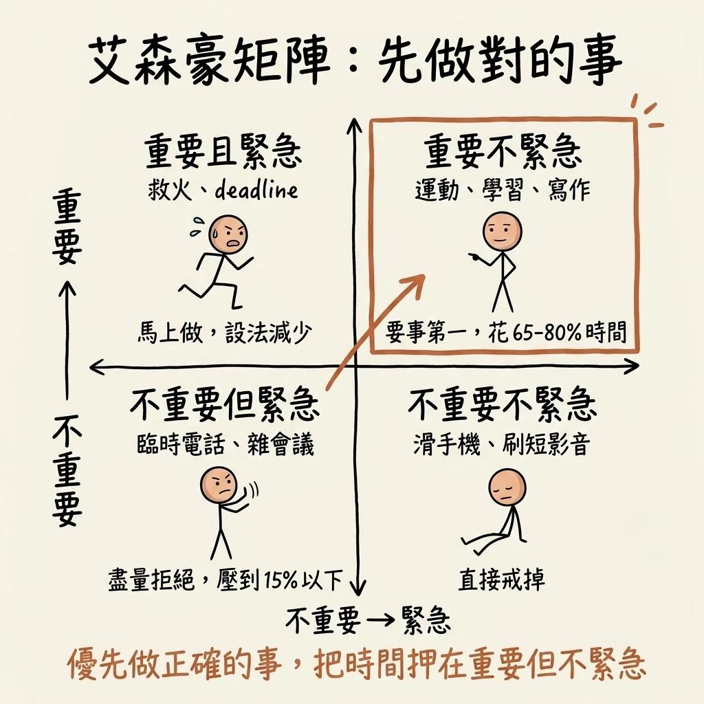 艾森豪矩陣四象限:以緊急與重要為橫縱軸,分出重要又緊急、重要不緊急、緊急不重要、不重要不緊急四格
