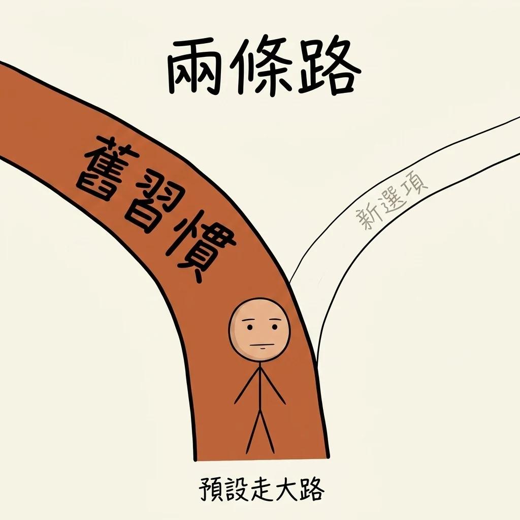 兩條路:舊習慣是一條又寬又顯眼的大路、想都不用想就走,新選項只是被埋在角落的細小岔路