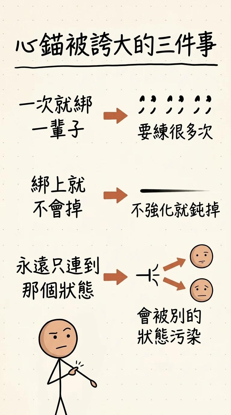 心錨被誇大的三件事:不是一次就綁一輩子而要練很多次、不強化就會鈍掉、還會被別的狀態污染