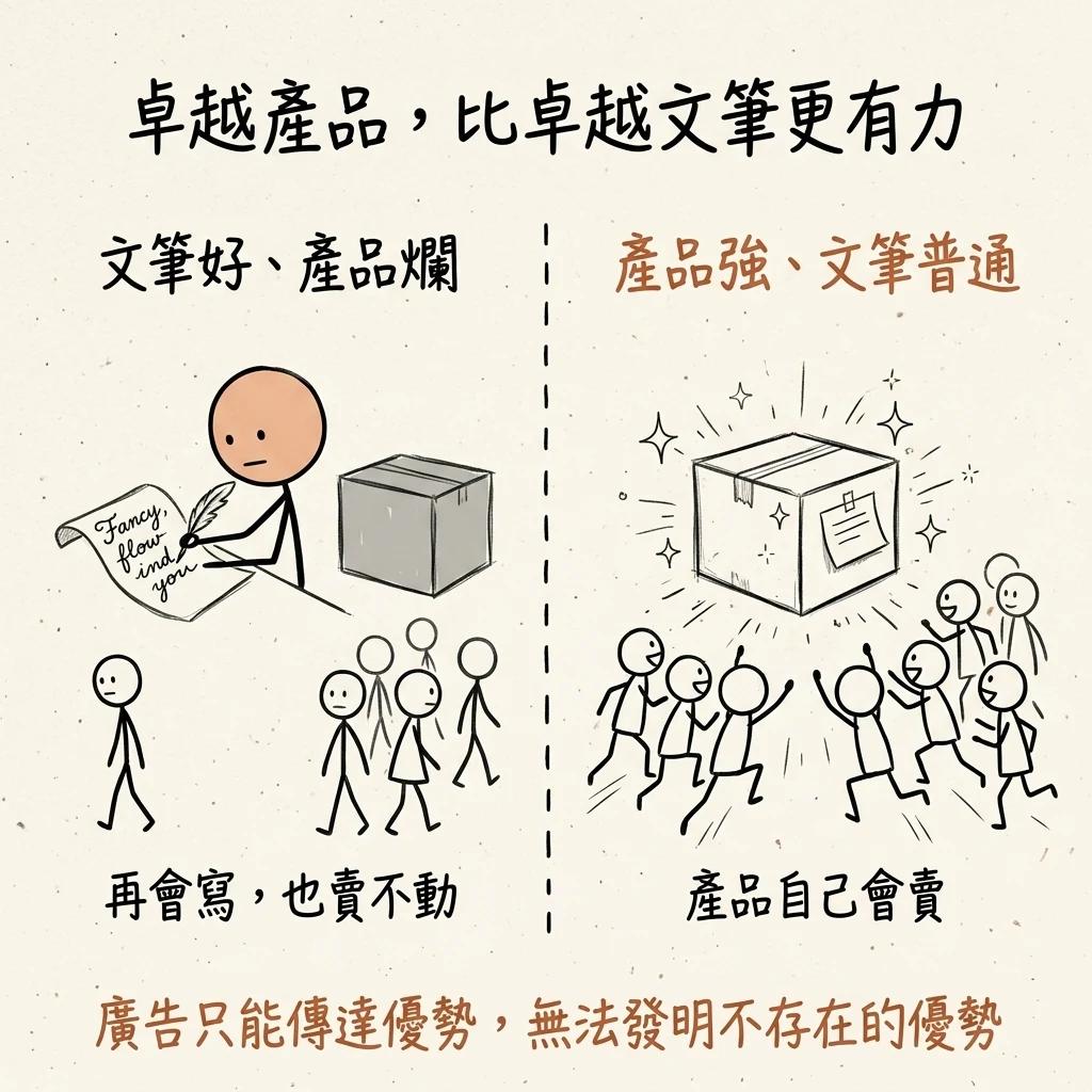 卓越產品比卓越文筆更有力:文筆好產品爛再會寫也賣不動,產品強文筆普通產品自己會賣,廣告只能傳達優勢無法發明不存在的優勢