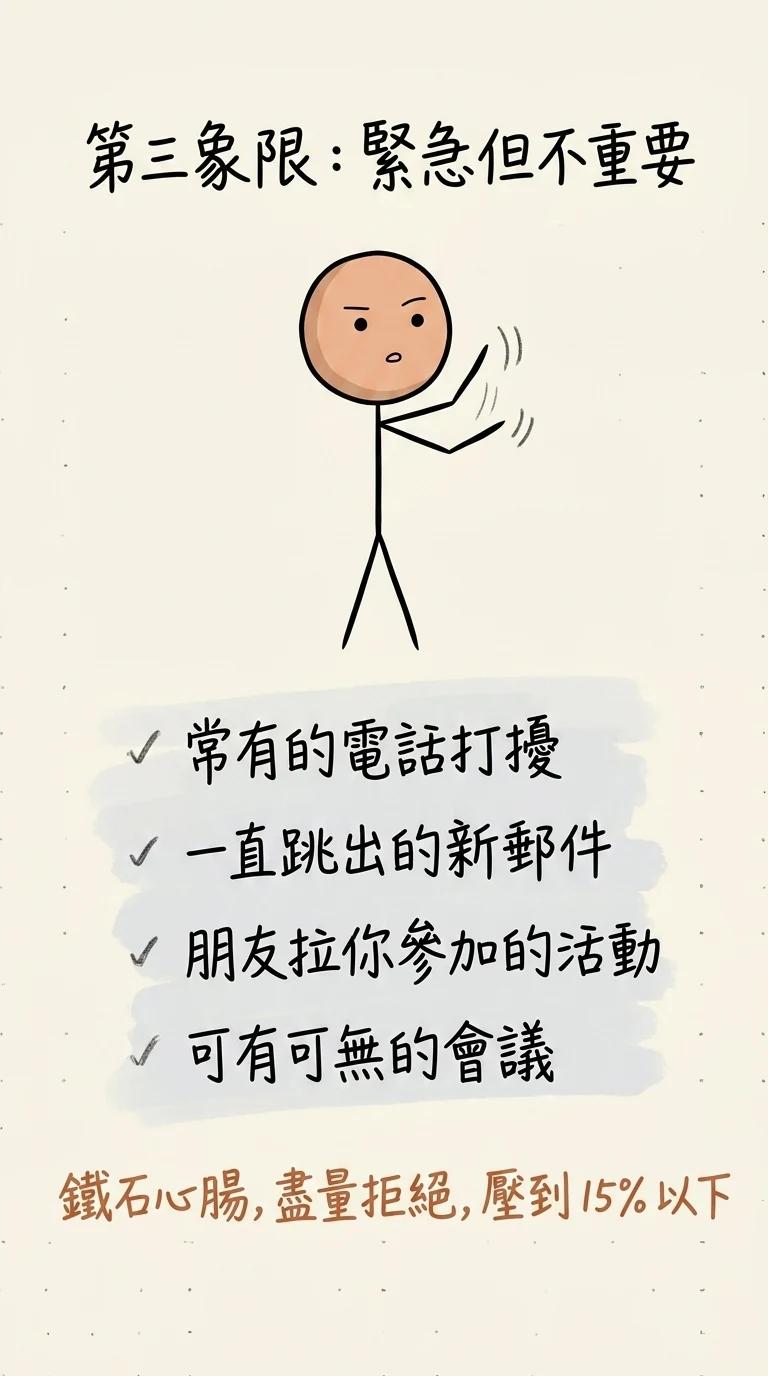 第三象限緊急但不重要:電話打擾、跳出的新郵件、朋友拉你參加的活動、可有可無的會議,鐵石心腸盡量拒絕壓到一成五以下